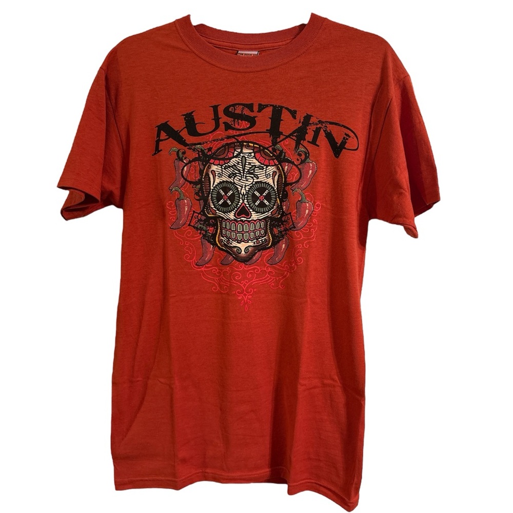 Burnt Orange Austin Texas Short Sleeve Tee with Skull Design 100% Cotton